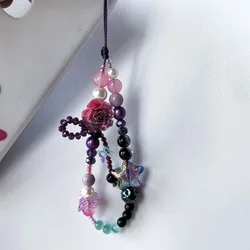 Red Rose Flower Phone Charm Strap Resin Butterfly Purple Black Star Beads Keychian Bag Camera Decor Jewelry for Women Girl Gift