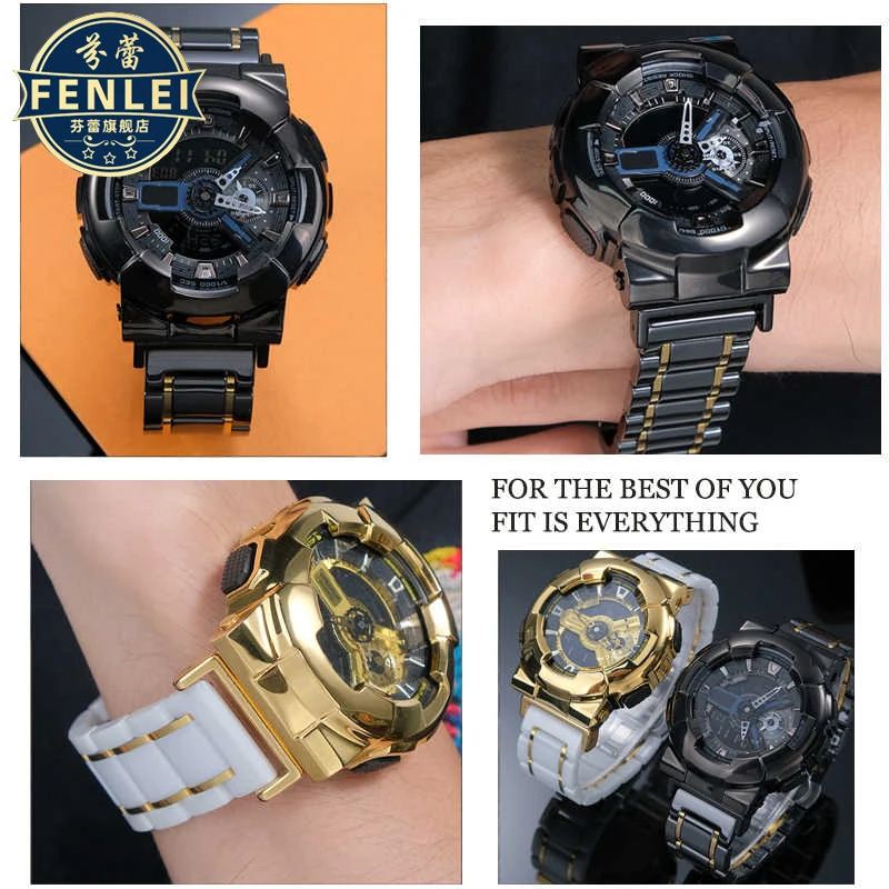 For CASIO G-SHOCK GM110 GA110 GA110GB 2100 black gold modified ceramic Watch strap Men Watch Set stainless steel case Watchband