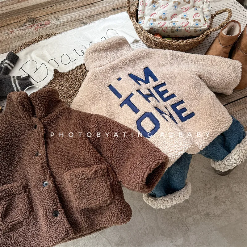 

2025 Winter New Children Lamb Cashmere Coat Plus Velvet Thick Boys Girls Letter Embroidery Padded Jacket Kids Warm Clothes