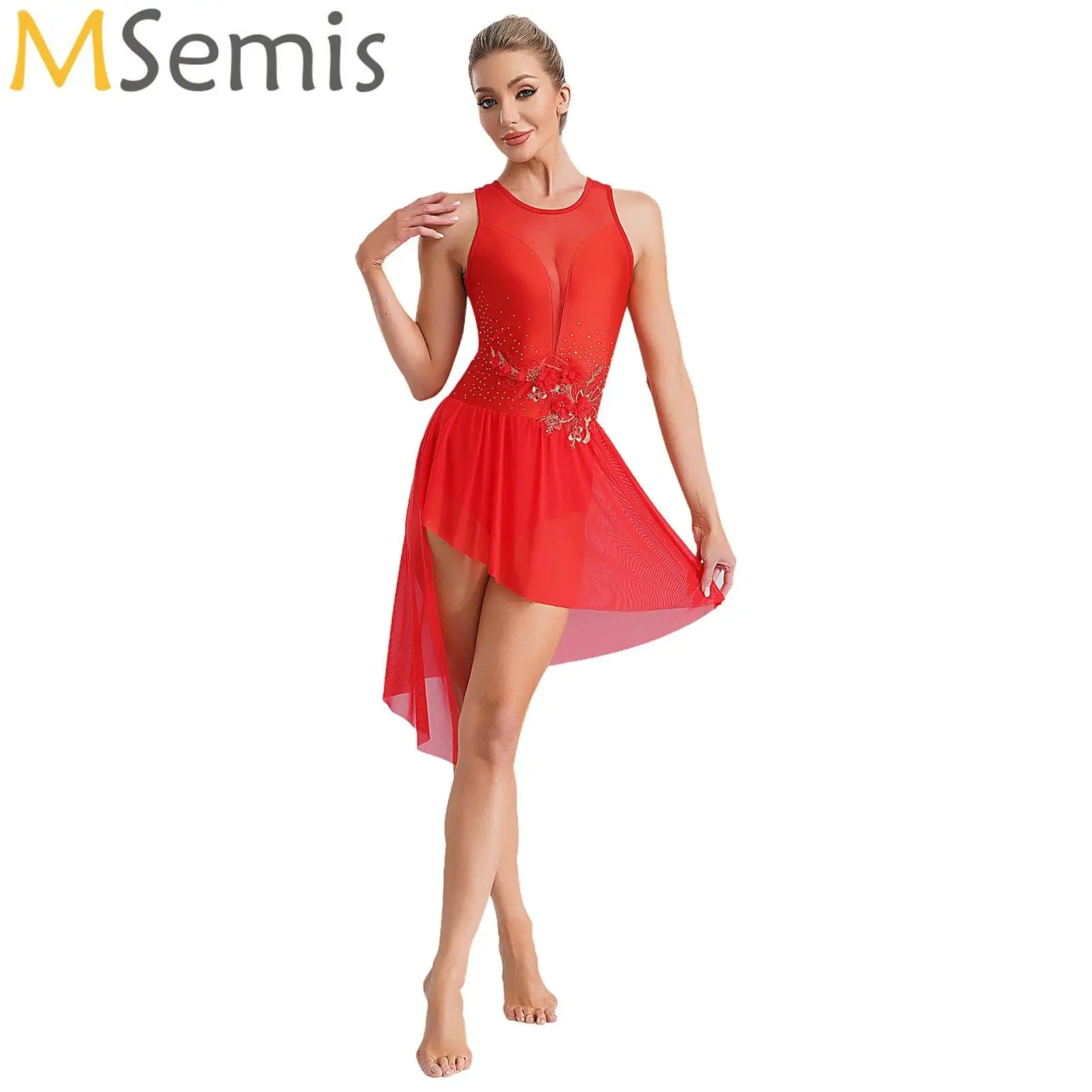 Womens Applique Lyrical Dance Dresses Sleeveless Cutout Strappy Back Asymmetric Hem Dress Figure Skating Ballet Dancewear