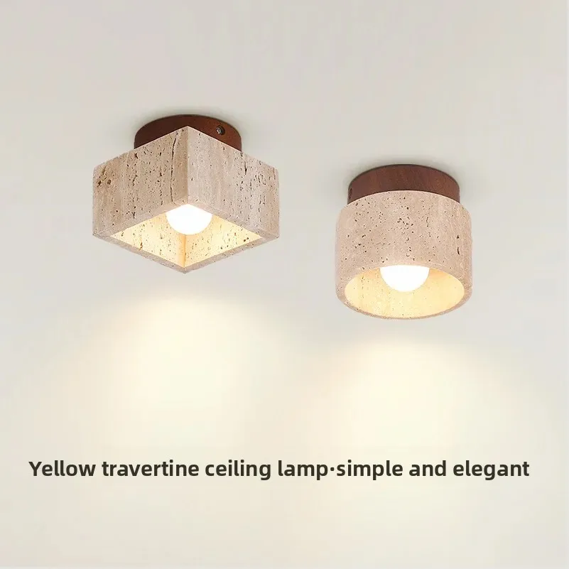 Exquisite Wabi Sabi Decor LED Ceiling Light Square Yellow Stone Travertine Lamp for Corridor Balcony Living Room Illumination