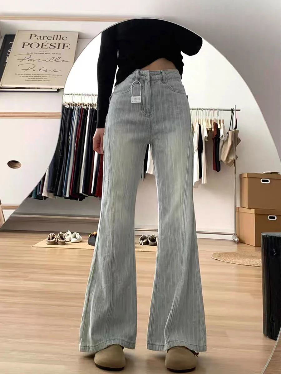 

Джинсы с высокой талией и расклешенным низом для женщин, весна-осень, светлые, с вышивкой, свободного кроя, джинсы-клеш, большие размеры, джинсовые брюки