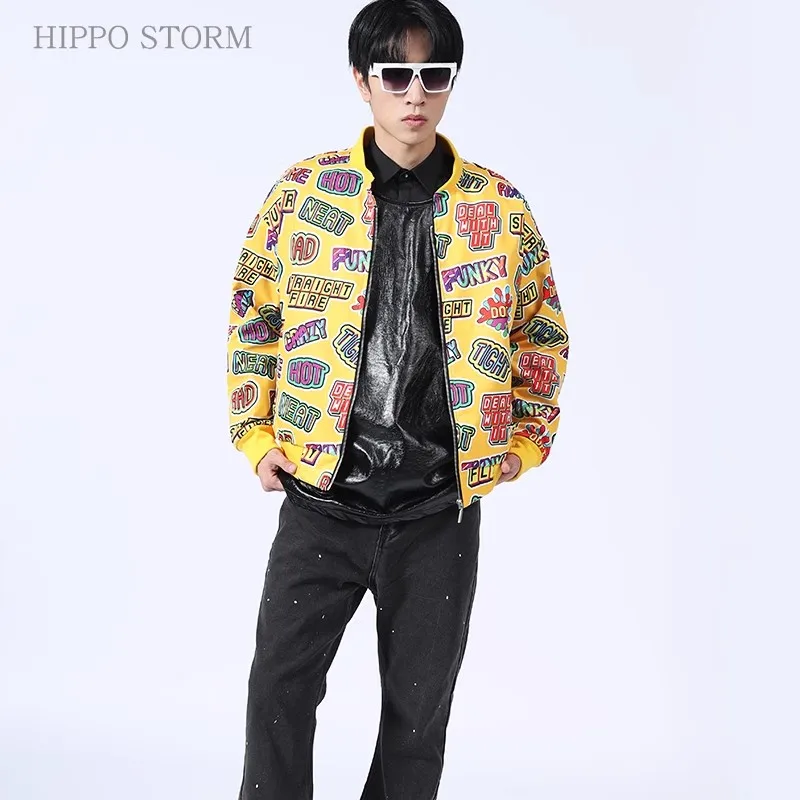 Spring Autumn Male Yellow Printed Lettering Baseball Jacket Hip Hop Casual Coats Tide Fashion Men Stage Top High Street Clothes