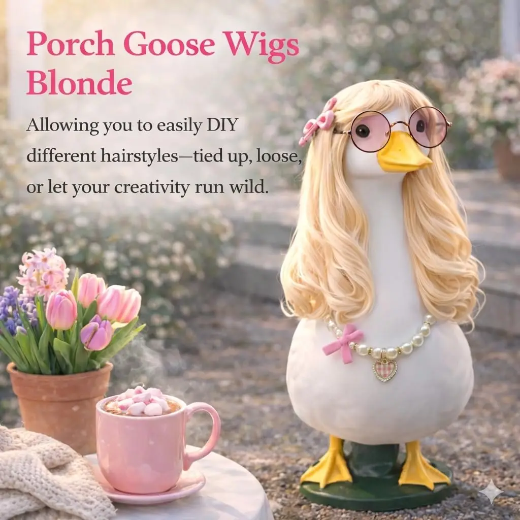 Cute Sweet Goose Statue Accessory Kit, Blonde Wig with Heart Pearl Necklace And Sunglasses And Hair Clips, for 23' Lawn Goose, Yard Art Decoration view 2