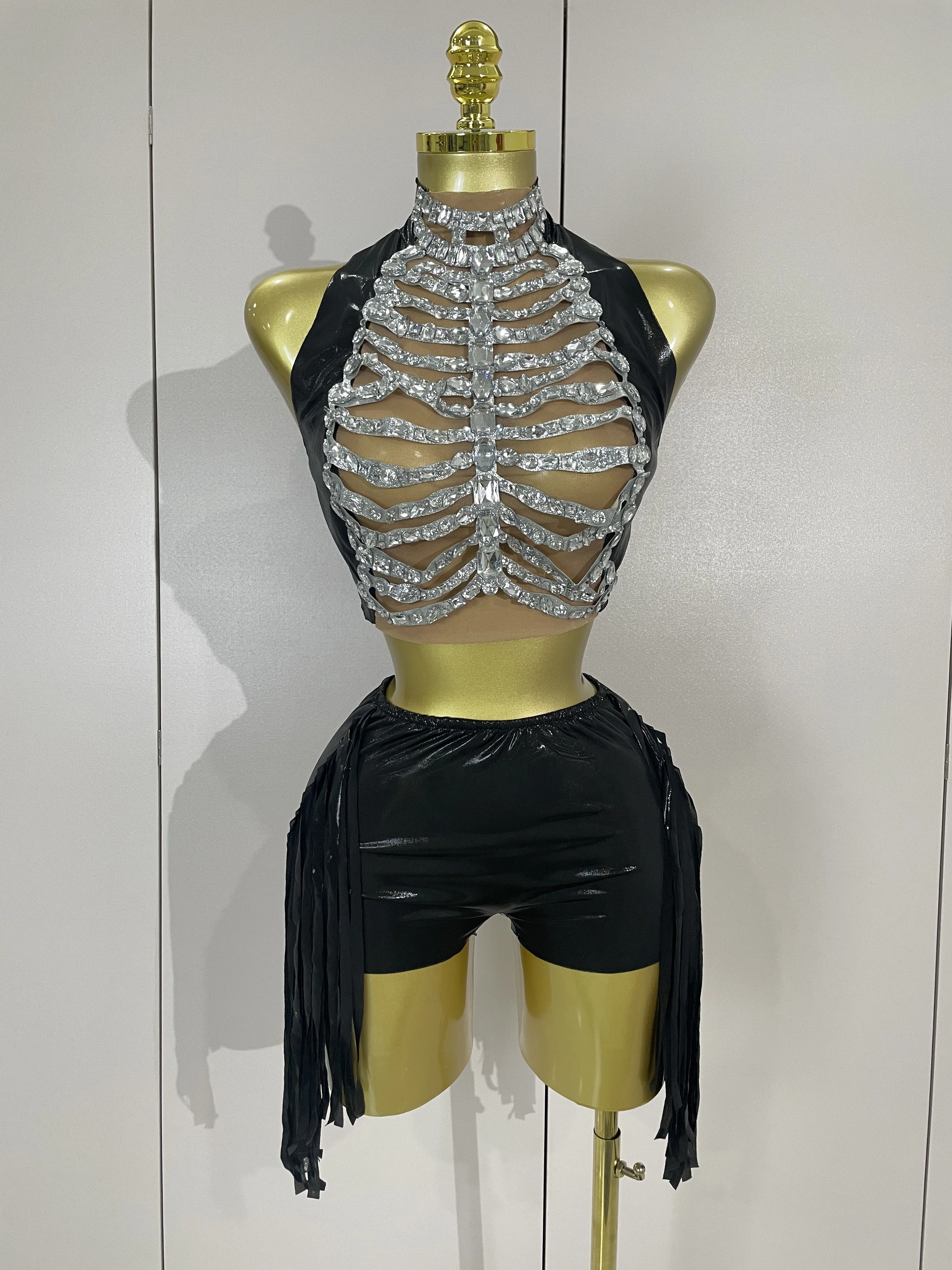 

Sparkly Rhinestone Sexy Transparent Mesh Top Shorts Two Piece Women Birthday Party Nightclub Stage Singer Performance Costume