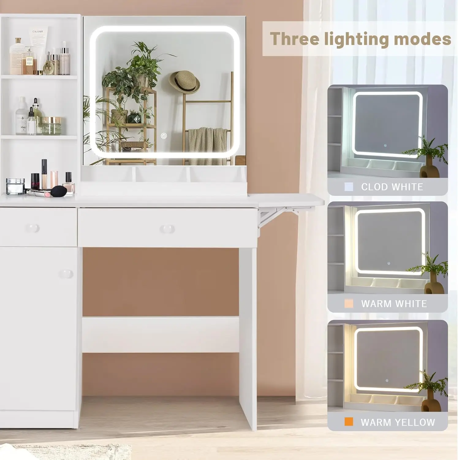 Meja Rias dengan Cermin dan Lampu LED, Meja Rias Rias dengan Stasiun Pengisian Daya, Laci Penyimpanan, Rak, Kabinet yang Dapat Disesuaikan