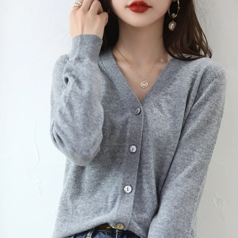 Cashmere Women Cardigan V-Neck Sweater Spring Autumn Winter Female Long Sleeve Wool Knitted Solid Soft