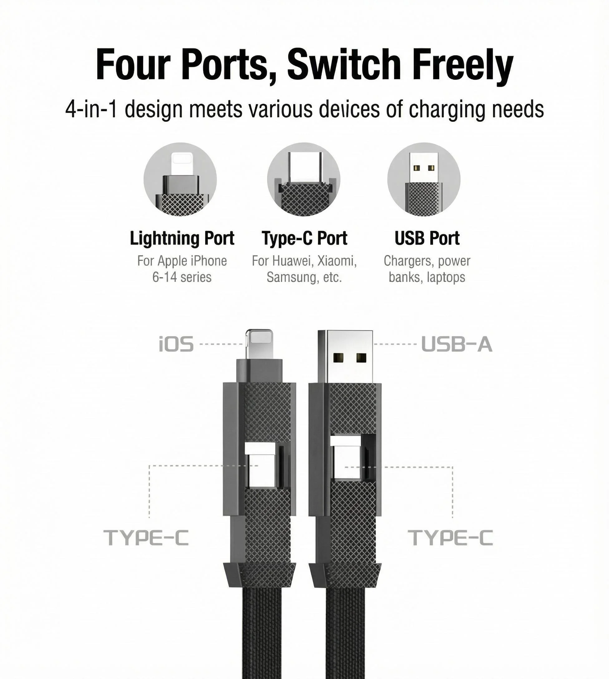 Wielofunkcyjny kabel do ładowania i przesyłania danych, 4 w 1, z magnetycznym złączem typu C, wykonany z wytrzymałego materiału, szybki kabel USB-C do iPhone, Huawei, Xiaomi. — zdjęcie produktu 2