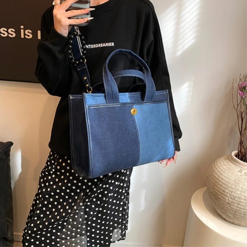 2024 New Fashionable Contrast Color Crossbody Tote Bag Spliced Denim Handbag Women\'s One Shoulder Commuter Casual Crossbody Bag