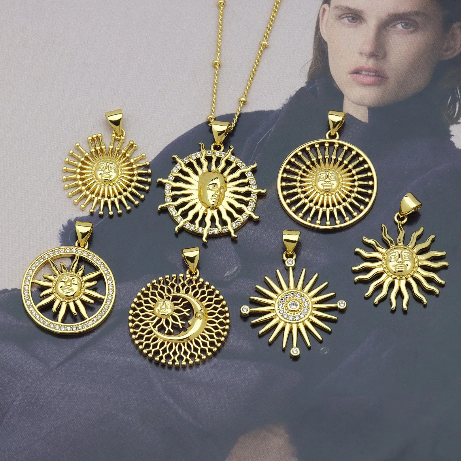 

5Pcs/18K Gold Plated Brass Metal Round Sun Charms Pendant For Making Jewelry Hollow Sun Pendant DIY Jewelry Making Accessories