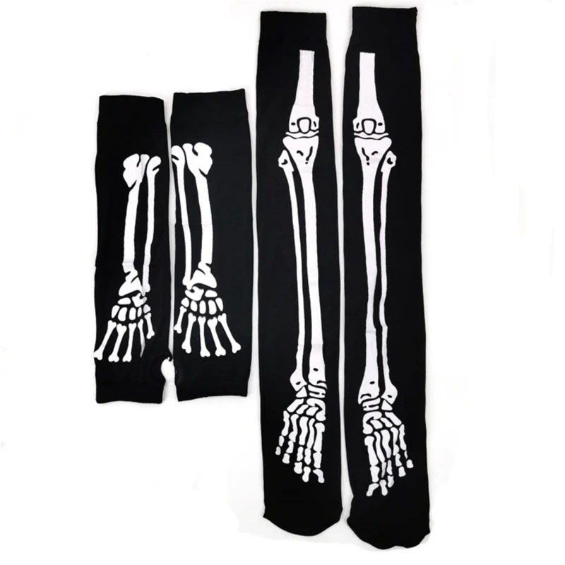 2 Pairs Skeleton Spiders Web Bloody Sleeve Socks Set Thigh High Socks Stockings Halloween Product Props for Women Girls