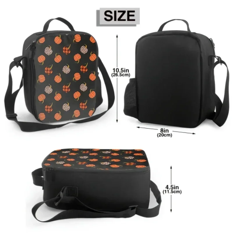 Leopard Orange And Buffalo Plaid Pumpkin Lunch Box Thanksgiving Insulated Lunch Bag with Water Bottle Holder Cooler Bag for Kids