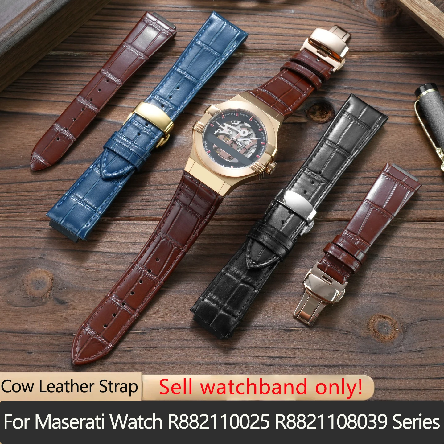 Correa de cuero de vaca convexa de 21x16mm, 24x18mm para reloj Maserati Trident, serie R8821108039 R8821108038, pulsera para hombre y mujer