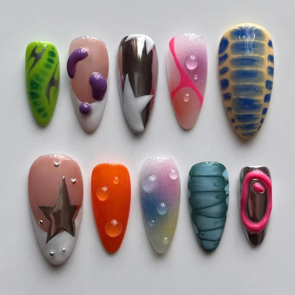 Silver Cool Almond Handwork Press On Nails Art Magic Mirror Powder Mechanical Future Style Bow Star Butterfly Shell Gel Nails