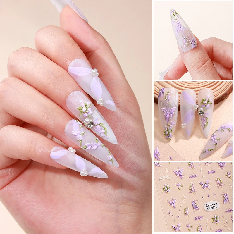 5D Relief Glitter Flowers Nail Stickers Water Nail Decal Leaf Tree Green Simple Summer Slider For Manicuring Nail Art Decoration