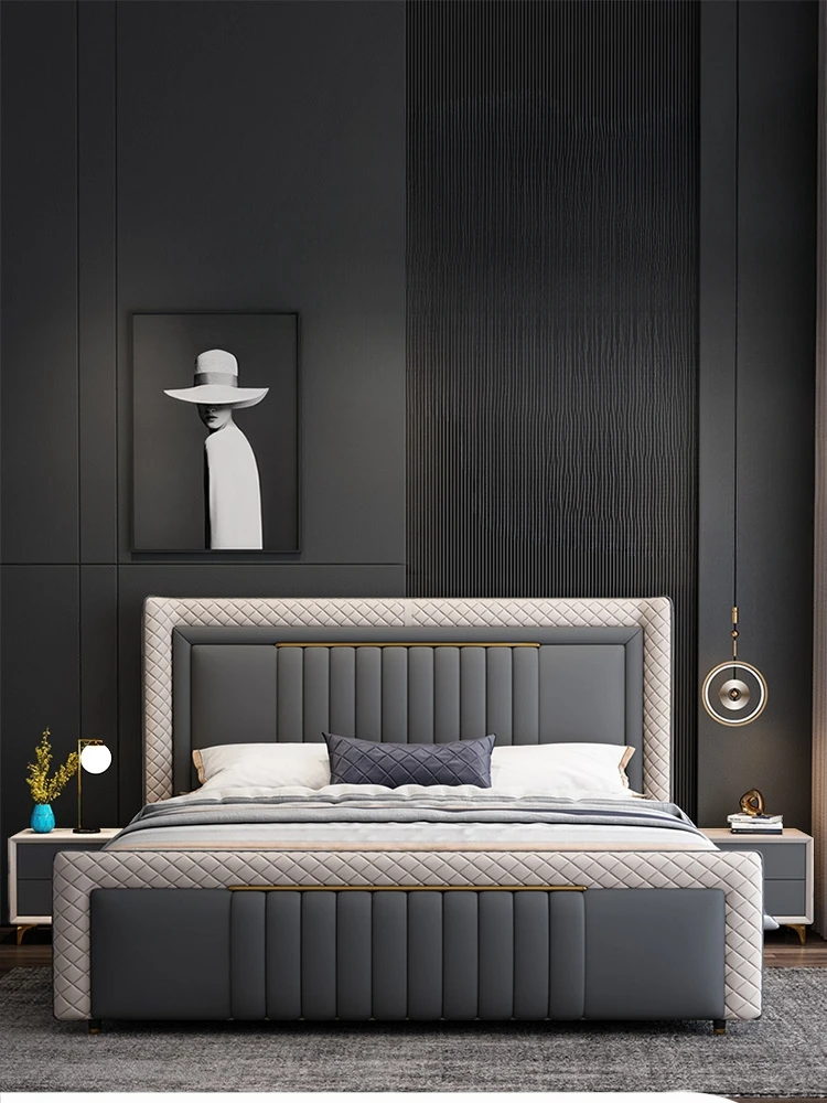 Master bedroom leather double bed, simple, modern,high-end, grand bed, internet celebrity, multi-functional storage bed