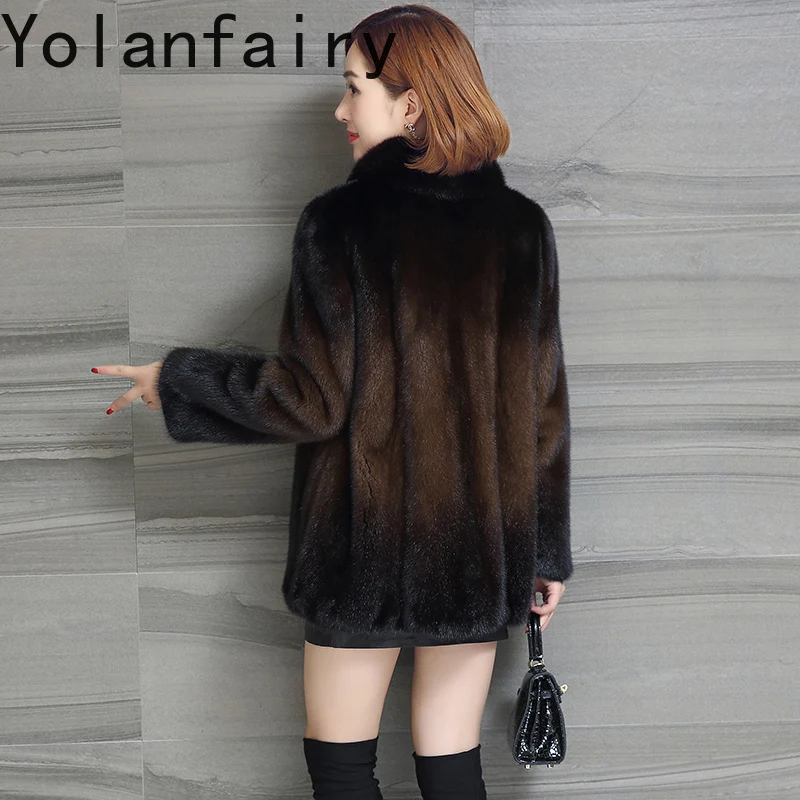 YOLANFAIRY الراقية كله فرو المنك سترة للنساء 2025 الشتاء الفاخرة معطف الفرو الطبيعي امرأة منتصف طول الدافئة الفراء معاطف جاكيتات