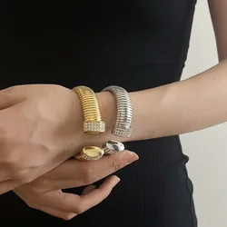 Double Rhinestone head open cuff bangles for stainless steel women stripe Elastic chunky bangles minimalist simple  jewelry