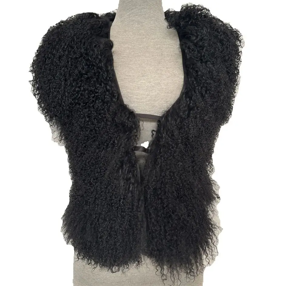 Real Mongolian Sheepskin Fur  Vests Women Sexy Deep V-Neck Backless Tie-Up Tops Winter Fashion Warm Waistcoat Midnight Clubwear