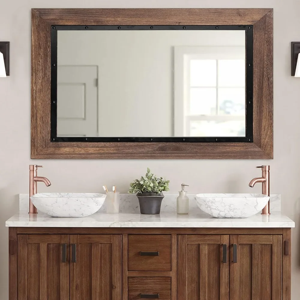 

Natural Wood and Iron Bathroom Vanity Mirror for Farmhouse Decor, Vertical or Horizontal Hanging, 60" x 30", Brown