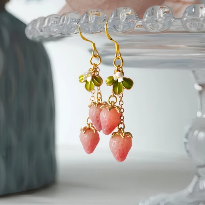 Handmade Czech Glass Mini Strawberry Drop Earrings | Fruit | Summer | Red| Pink |Double Berry | Lightweight Jewel | Gift For Her