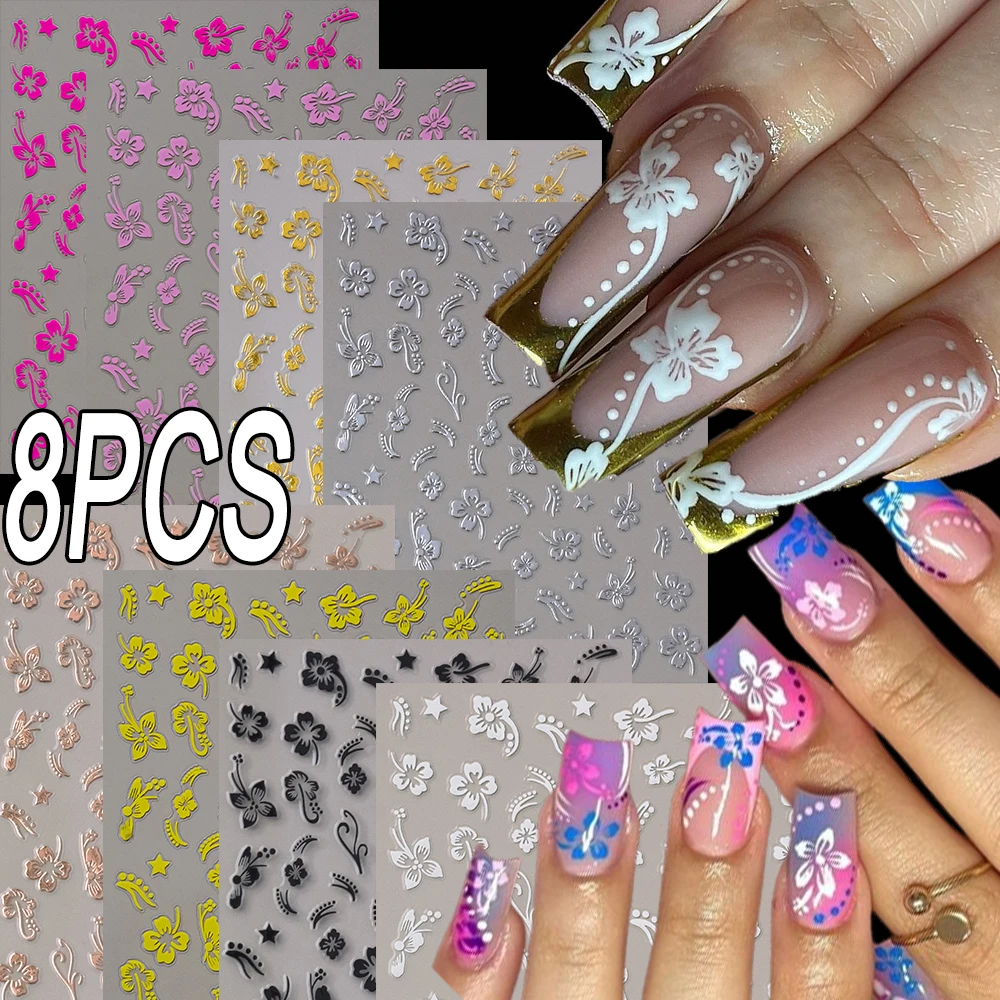 1/4/8 Stück 3D Hibiskus-Blumen Nagelaufkleber in Gemischten Farben Weiß Schwarz Rot Rosa Gold Silber Blühende Blütenblätter Selbstklebende Abziehbilder für Nägel
