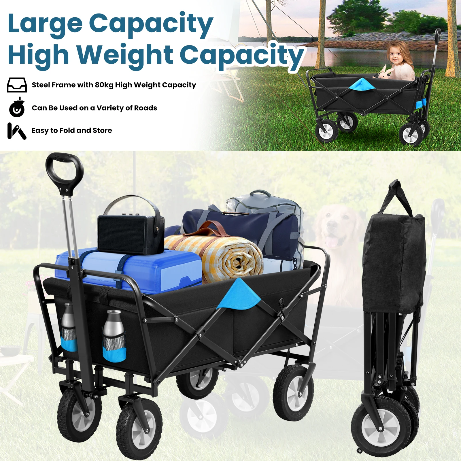 EUGAD Faltbarer 600D Oxford Camping-Trolley mit Griff/Rädern, Klappbarer Picknick- und Strandwagen für Outdoor und Garten – Detail 17