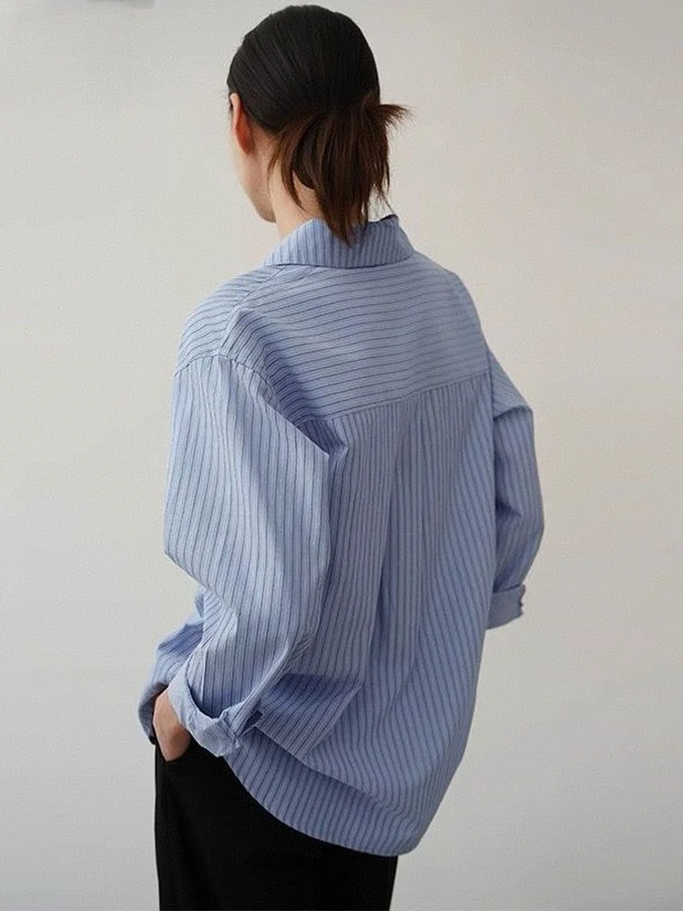 Blue Striped Loose Casual Shirt Long Sleeve Spring Summer Commute Outerwear Vintage Style Women's Polyester Blend  Neck