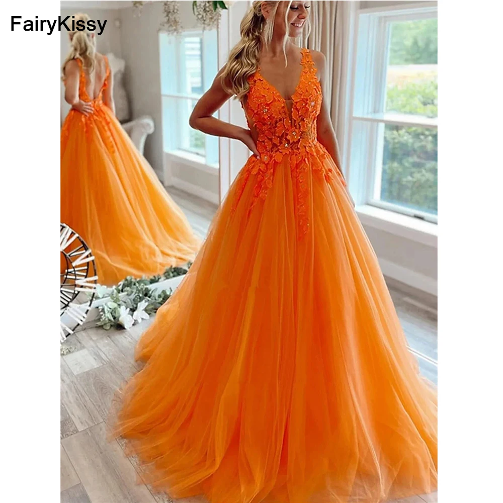 

FairyKissy Orange Formal Dresses for Women Gala Dress Embroidery Line A V Neck Prom Dress 2024 Cocktail of Dresses Evening Gown