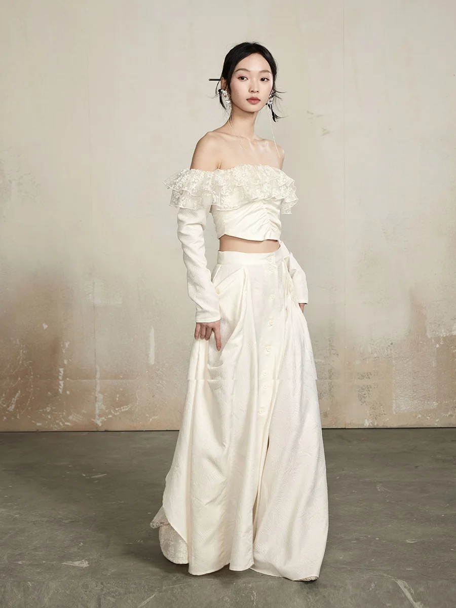 

ONMOON Spring Lace Splicing Fairy f Skirt Women's High Waist A-Line Skirt Ele Waist-Cinching Gown Daily Wear