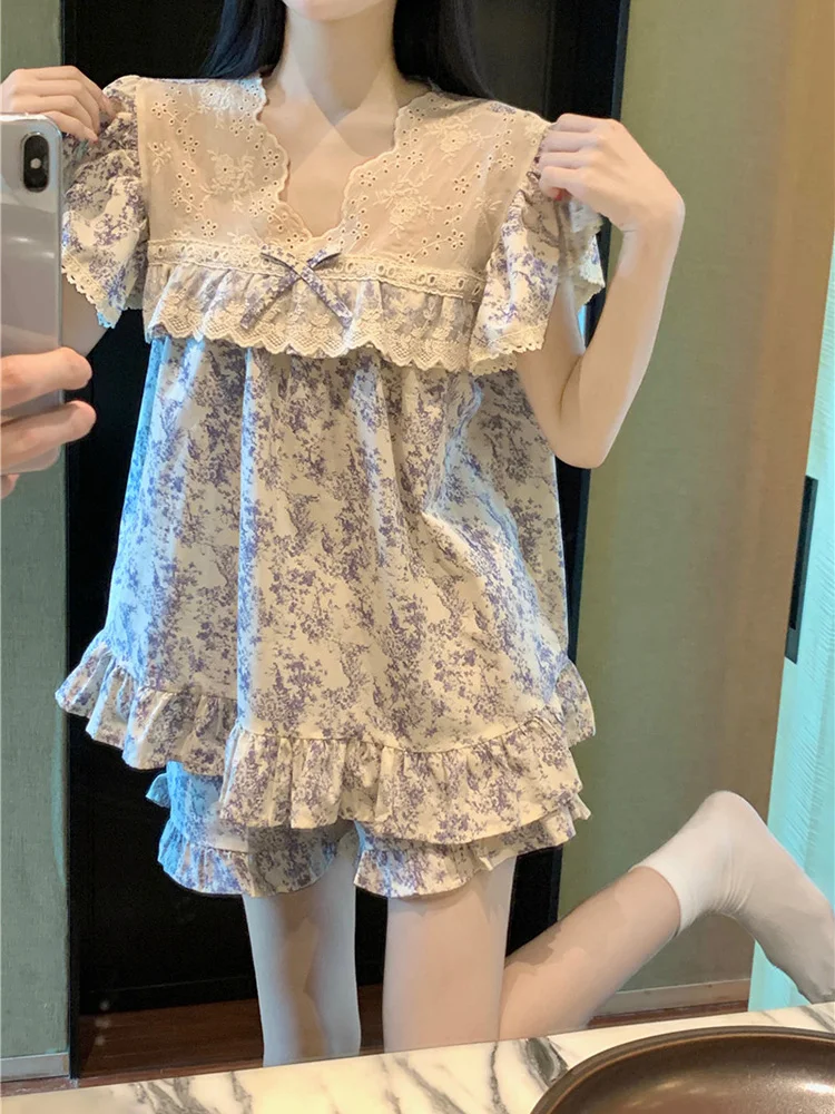 Soft New Lace 100%cotton Sweet Princess Short Sleeve Pajama Set Women Ink and Wash Court style Fashionable Loose NightDress Ins