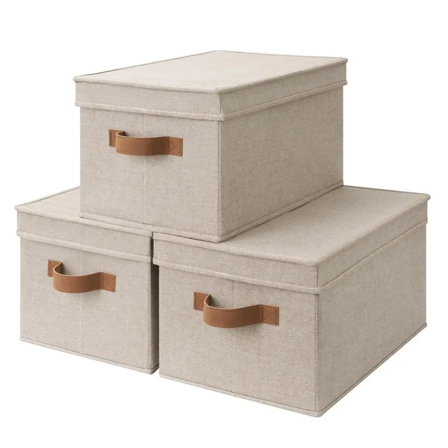 

Storage Bins with Lids, Decorative Storage Boxes with PU Handles, Foldable Storage Baskets for Closet, Shelves, Stackable, Brown