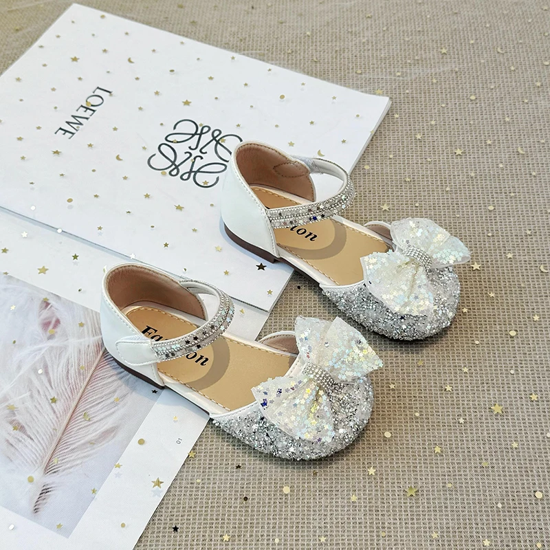 Girls Sequin Lace Bow Kids Shoes Girls Cute Pearl Princess Dance Single Casual Shoe 2024 New Children's Party Wedding Shoes