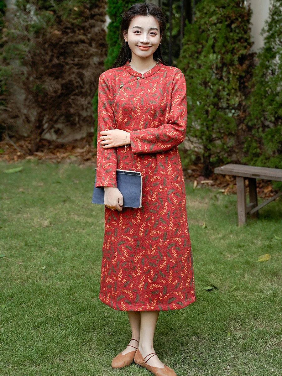 

Autumn And Winter New Vintage Chinese Style Modified Stand Collar Loose Women's Cheongsam Dress Daily Thickened Bottomed Floral