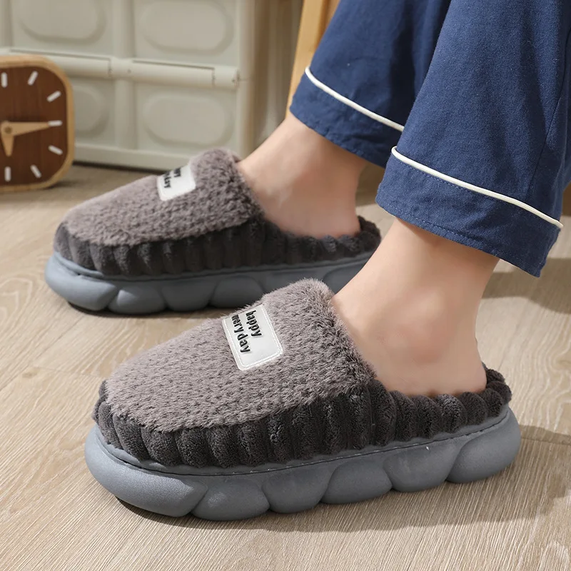 Platform Men's Home Slippers Winter Indoor Male Cotton Slippers Warm Plush Boys Household Furry Flip Flops Non-slip Man Slides