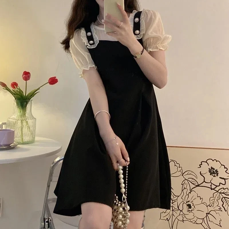 Mulheres gola redonda babados botão zíper vestido, gaze manga curta, patchwork, falso duas peças vestidos, doce, bonito, verão, novo, 2024