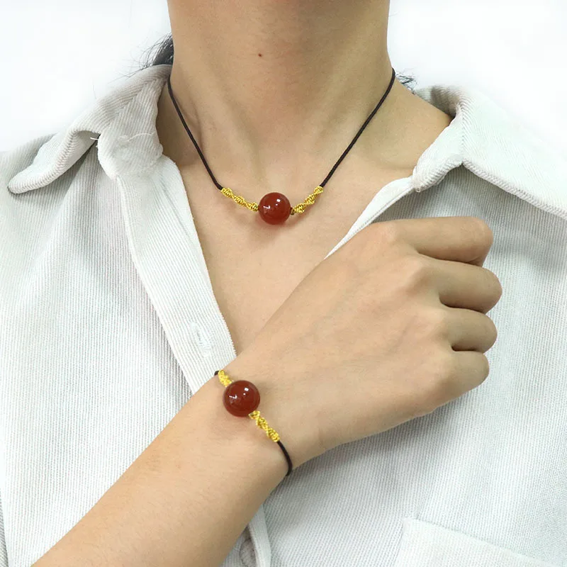 Natural red agate Necklace Bracelet Set lovers Hand woven adjustable semi-precious stone Acacia Red Bean Jewelry set