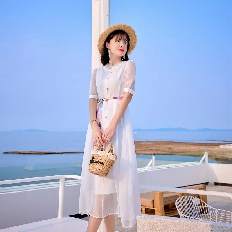 

Silk Dress Women Clothing White Dress Women High Quality Short Sleeves Lace Up Slim Elegant Dresses For Women Vestido Zm3171