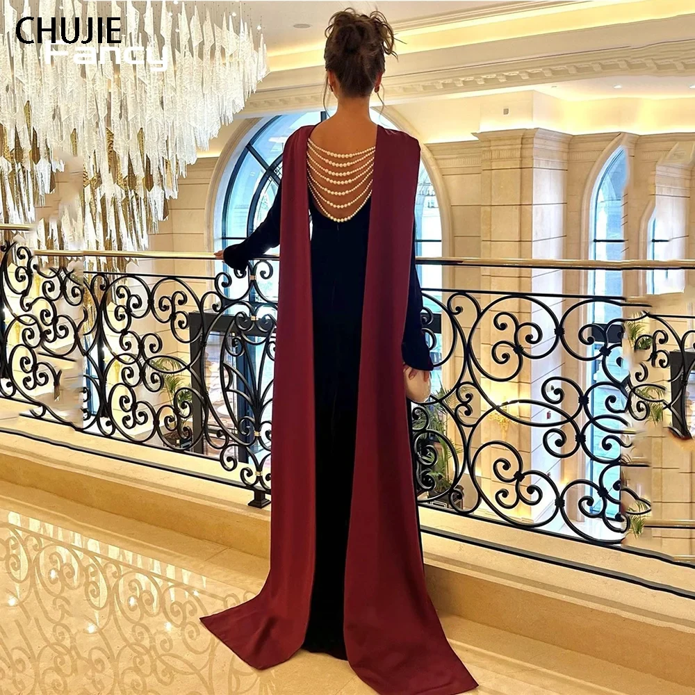 Luxury Velour Evening Dresses Long Sleeves Beads Pearls Customized Arabia Sexy Women Formal Prom Dress Wedding Party Ball Gowns