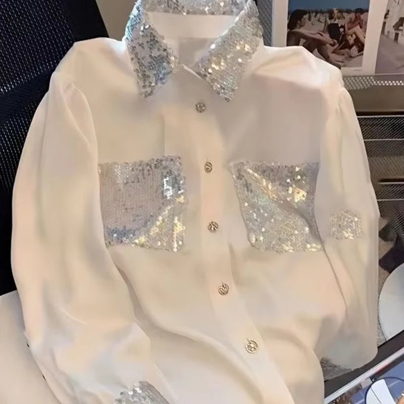 Spring Autumn Fashion Turn-down Collar Long Sleeve Blouses Women\'s Clothing French Style Sequined Button Trend All-match Shirts