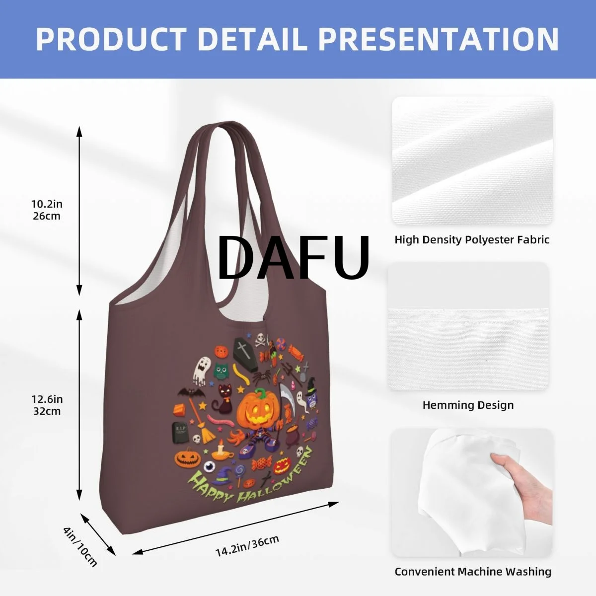 Happy Halloween Funny Halloween Print Cotton Tote Bag - Casual Commuter Shoulder Bag for Work Grocery Shopping Trick or Treat