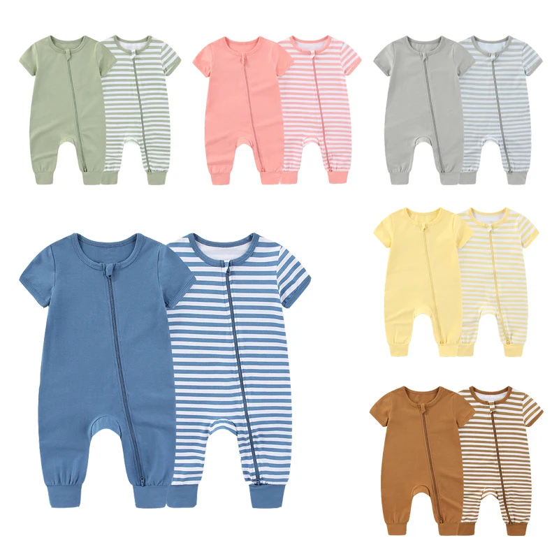 

2-piece unisex fashionable Soild short sleeved zipper jumpsuit for boys and girls, cotton soft newborn clothing