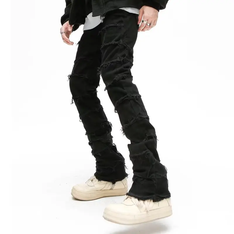 2023 Dark Streetwear Black Baggy Grunge Stacked Jeans Y2K Pants Men Patchwork Hip Hop Straight Denim Trousers Pantalones Hombre