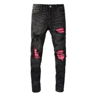 Men's High Street Distressed Pink Leather Ribs Patchwork Holes Stretch Slim Fit Streetwear Designer Ripped Jeans