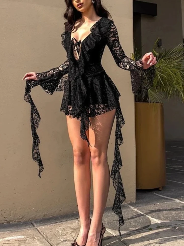 

Новое женское мини-платье для вечеринок: сексуальное кружевное прозрачное платье с рюшами, расклешенными рукавами, шнуровкой и вырезами