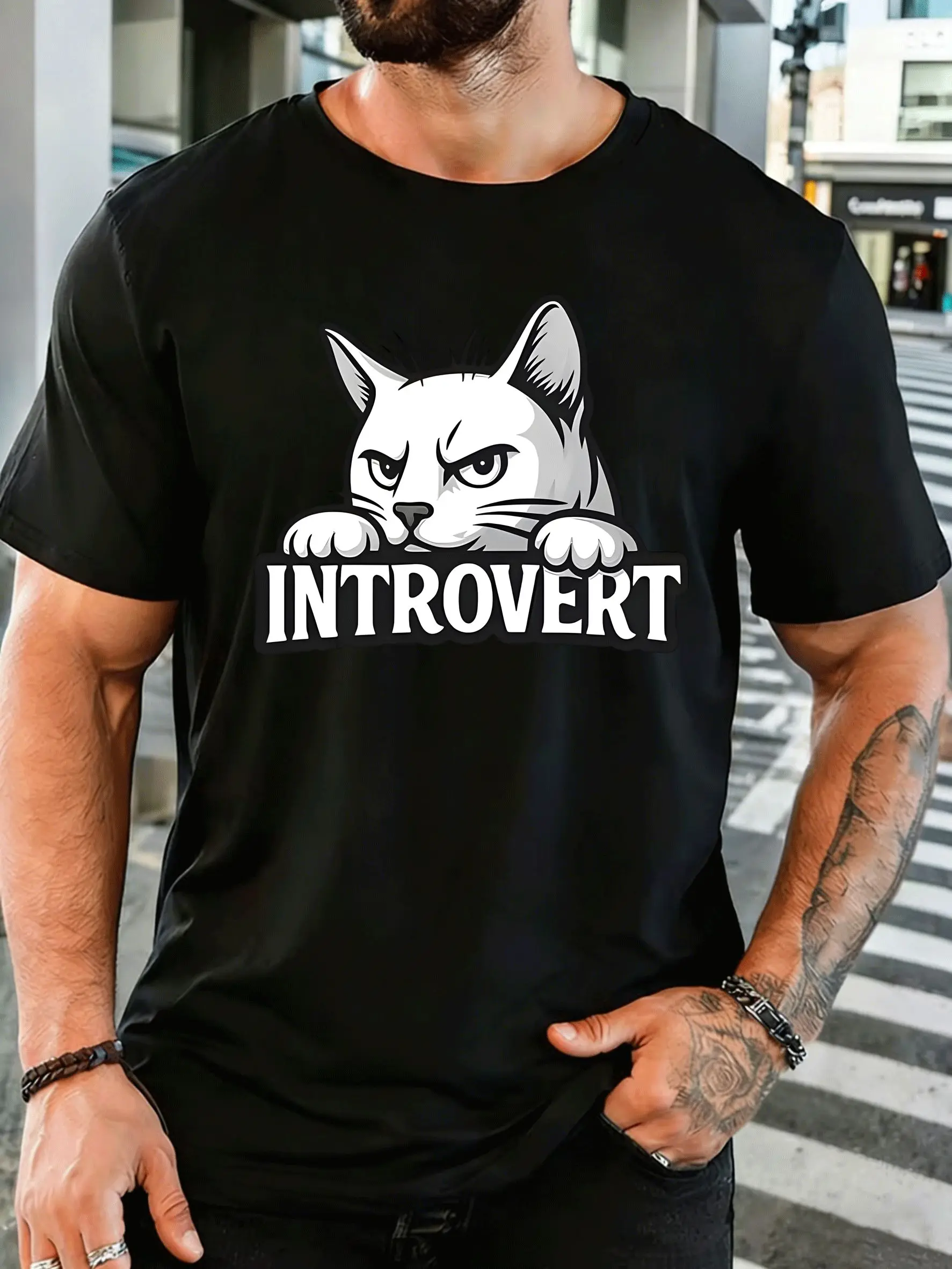 Men Short Sleeve T Shirt Introvert Angry Cat Graphic Tee Funny Quote Print Tops Summer Cotton Casual Street Wear For Adult Male
