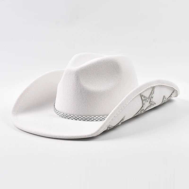 Women Western Cowboy Hat Wide Brim Rhinestone Star Cowgirl Hats for Wedding Reception Dance Floor Bachelor Party Costume