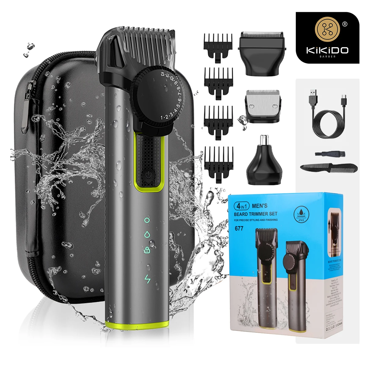 

KIKIDO KK-677 Adjustable Electric Hair Trimmer 4in1 Waterproof Beard Hair Clipper Trimmer for Men Rechargeable Haircut Machine