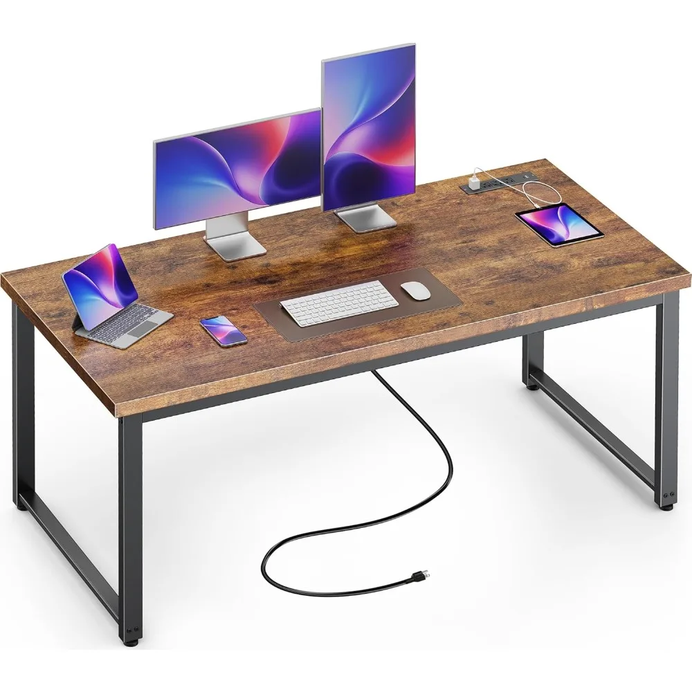 

55 x 24 inch Desk with Power Outlets & USB-C, Deeper & Thicker Desktop, Robust Metal Tubes, Computer Desk, Heavy Duty Office De