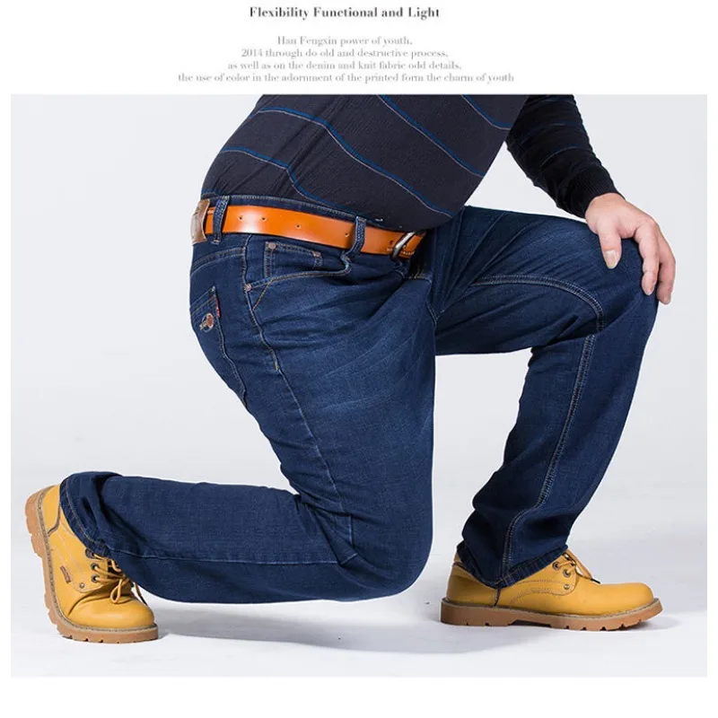 رجل حجم كبير المنشعب السراويل المفتوحة فضفاضة تناسب مستقيم الساق جينز سترتش عالية الخصر بناطيل كاجوال سميكة الدافئة الخريف الشتاء عادية